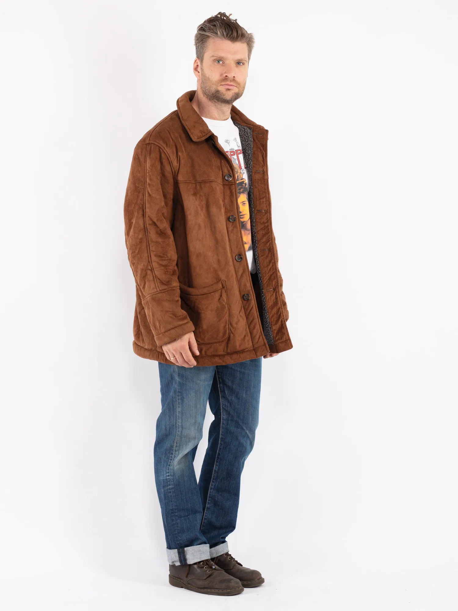 Vintage 90's Men Faux Sheepskin Coat in Brown