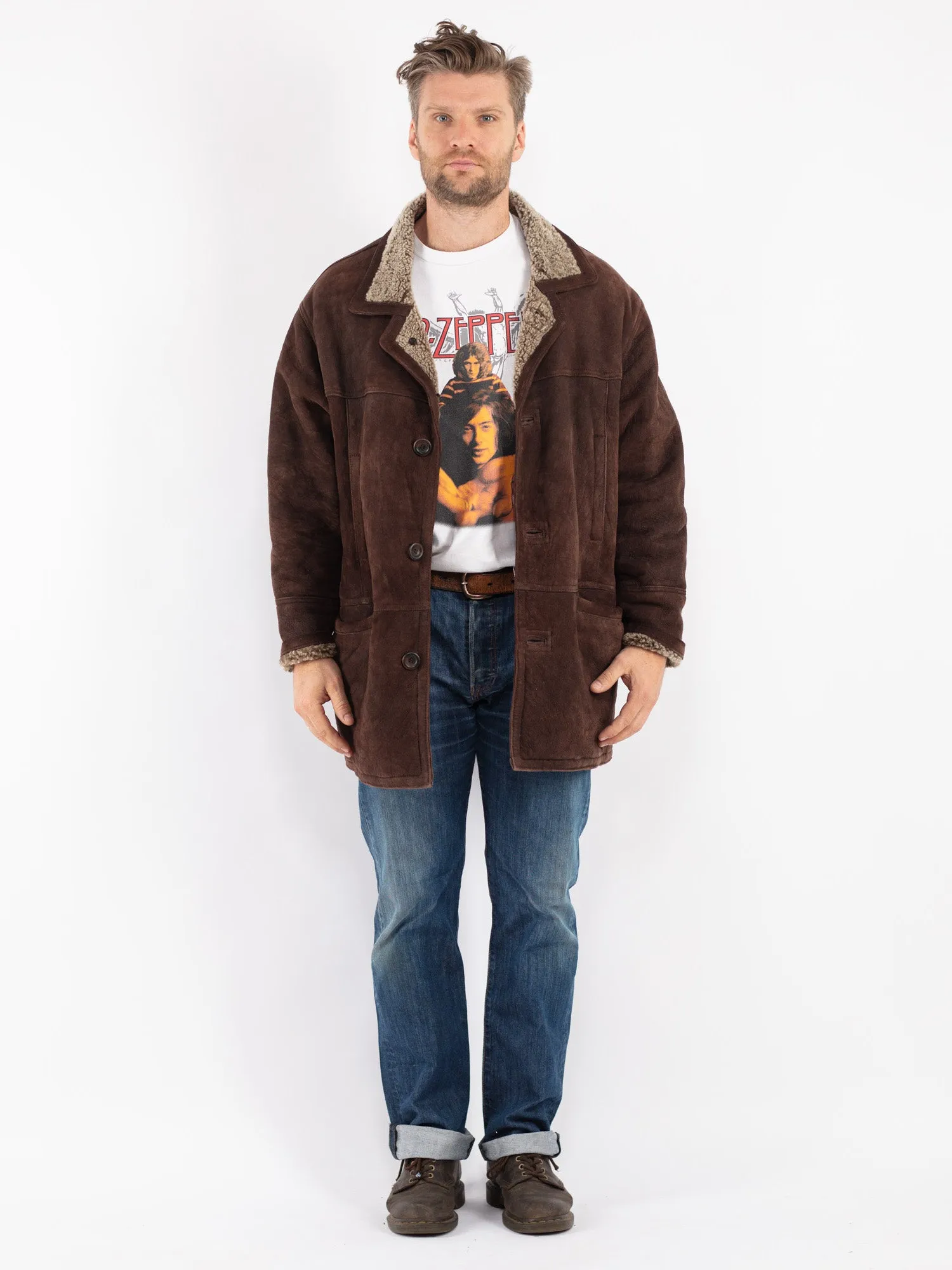 Vintage 90's Men Sheepskin Shearling Coat in Brown