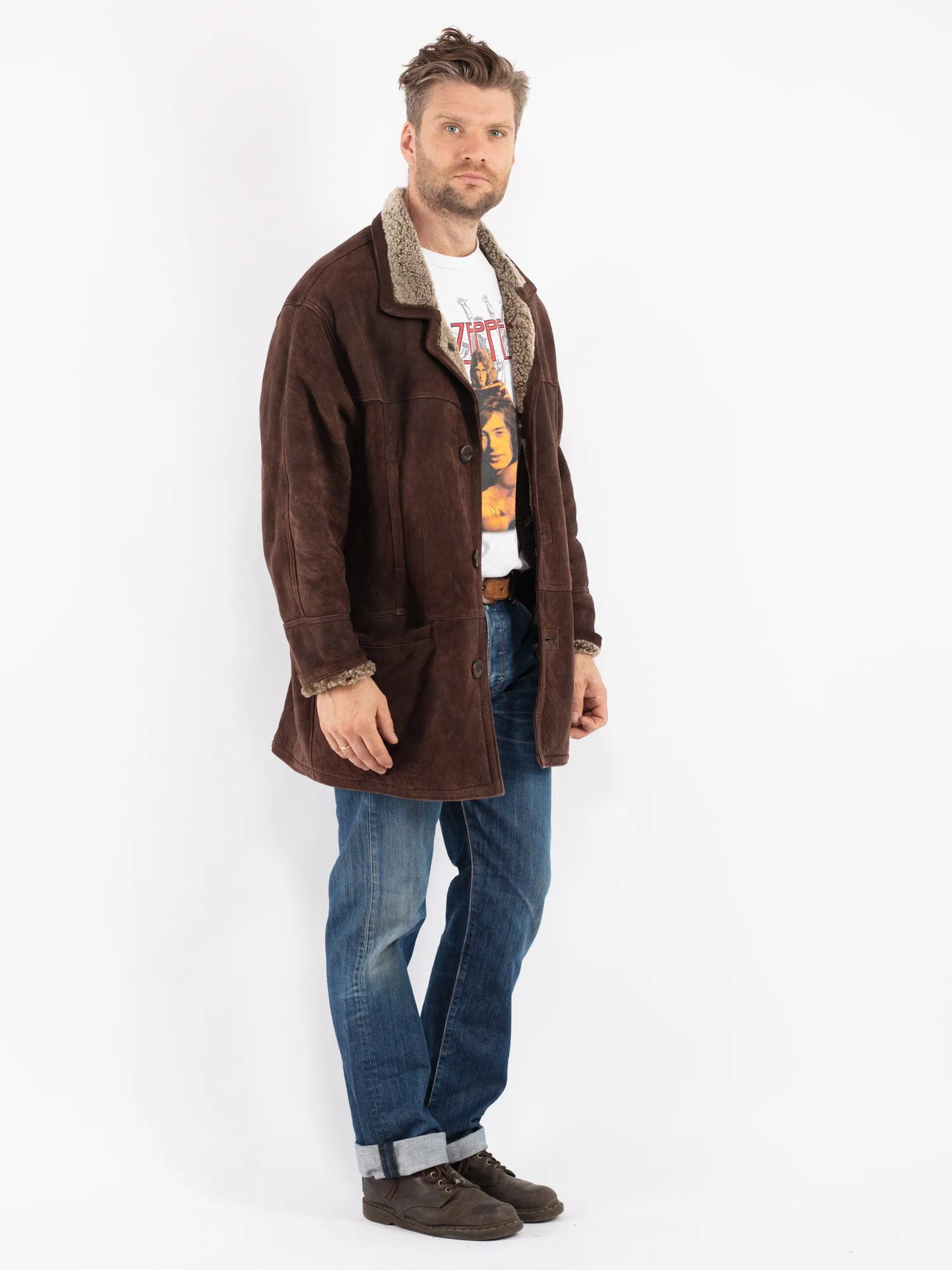 Vintage 90's Men Sheepskin Shearling Coat in Brown