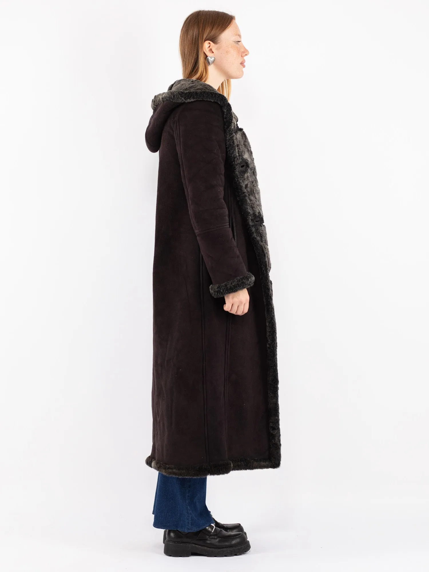 Vintage 90's Women Faux Sheepskin Coat in Black