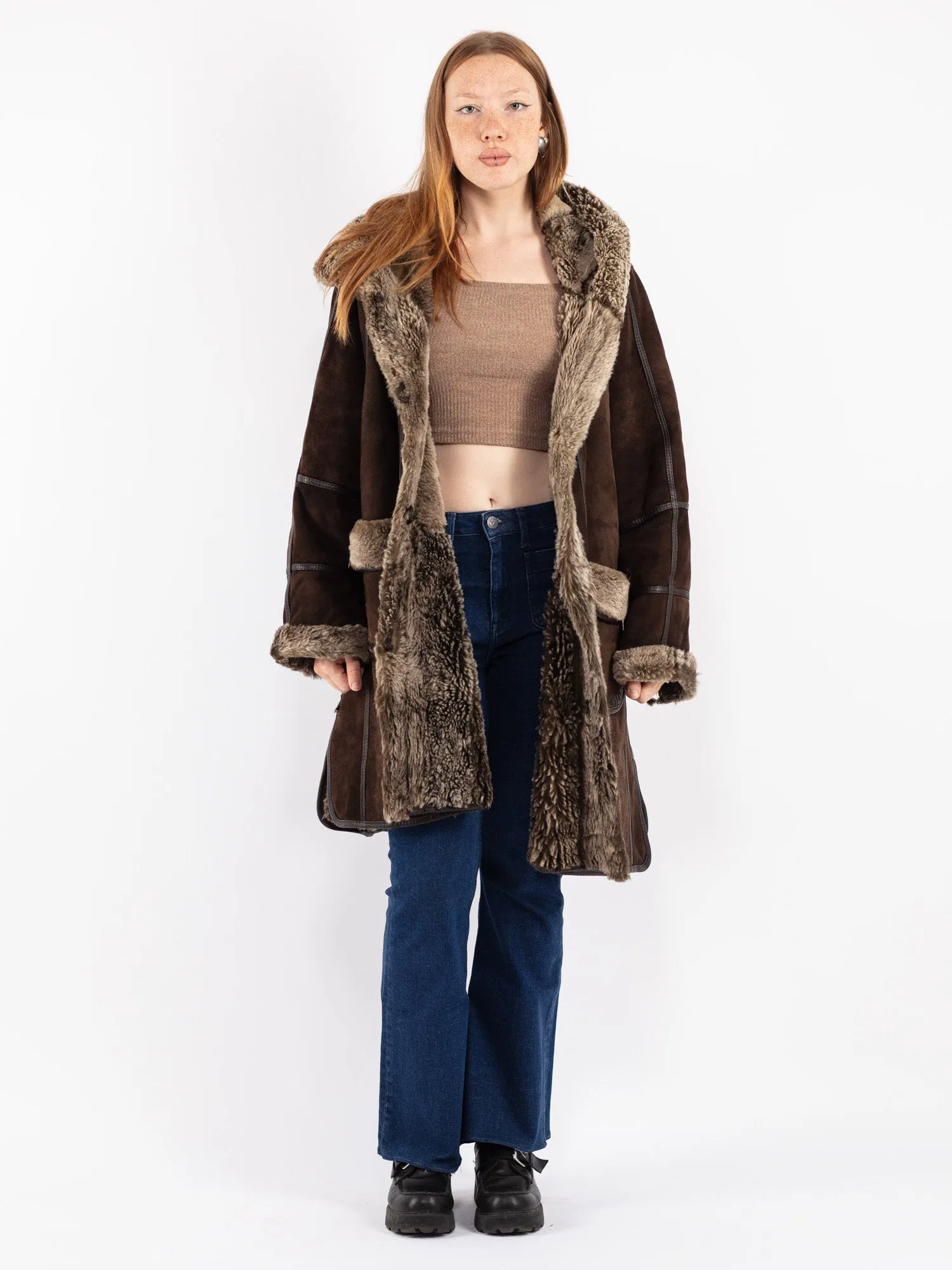 Vintage 90's Women Hooded Shearling Coat in Brown