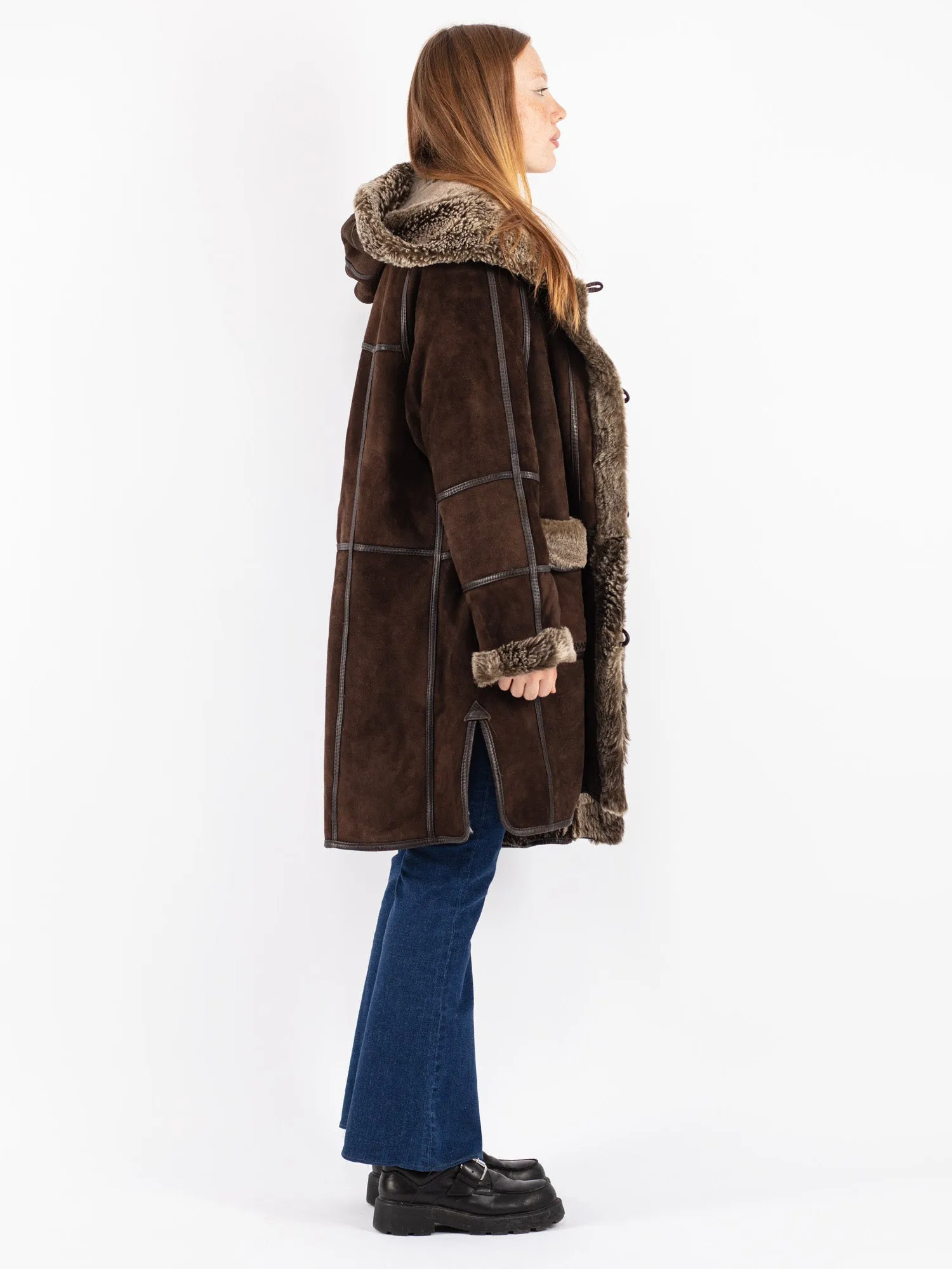 Vintage 90's Women Hooded Shearling Coat in Brown