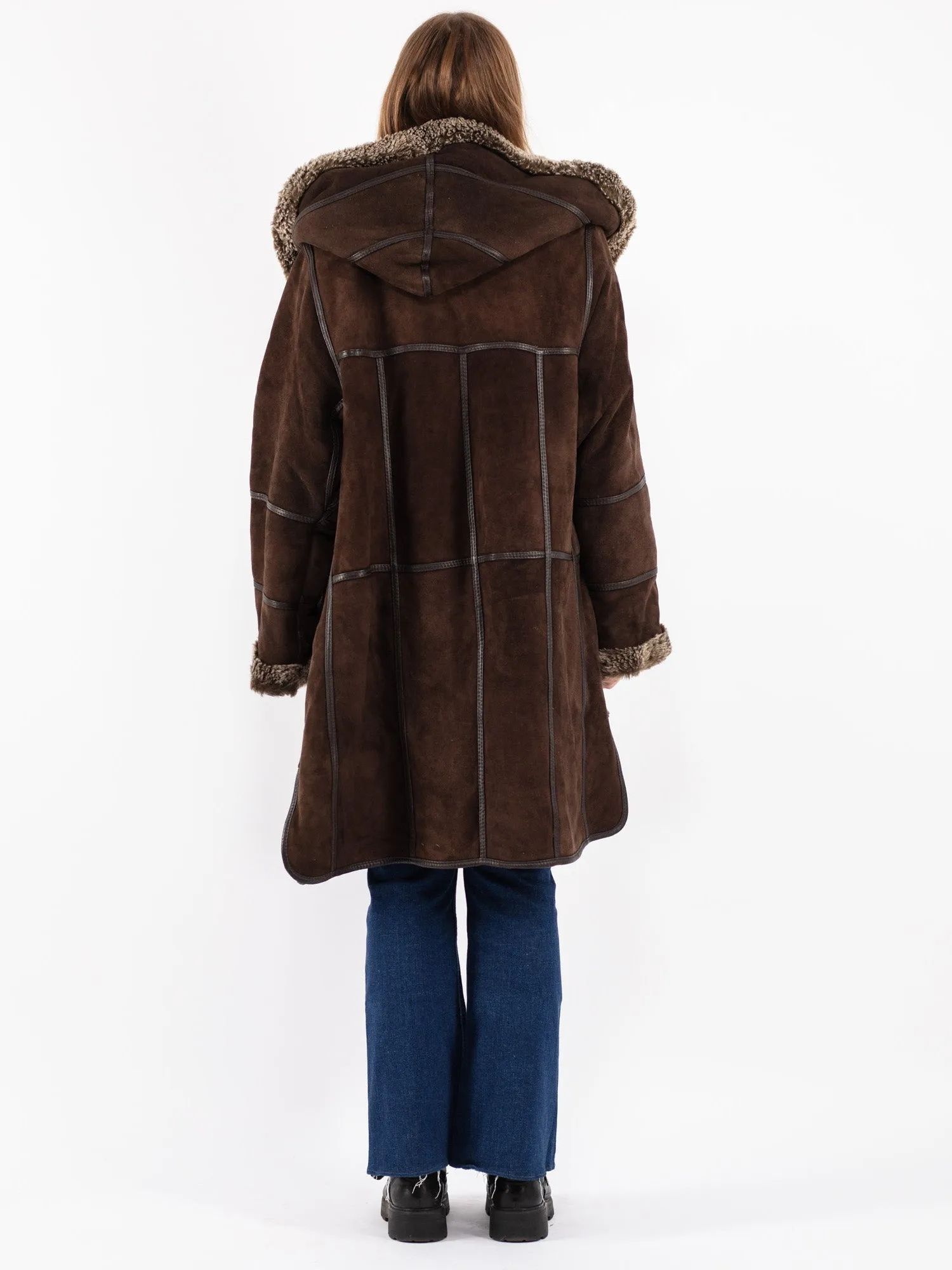 Vintage 90's Women Hooded Shearling Coat in Brown