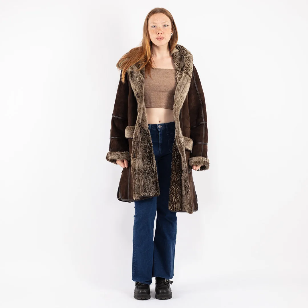 Vintage 90's Women Hooded Shearling Coat in Brown