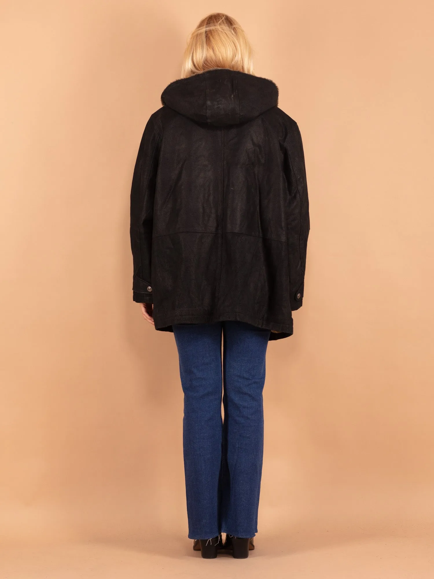 Vintage 90's Women Hooded Suede Sherpa Coat in Black