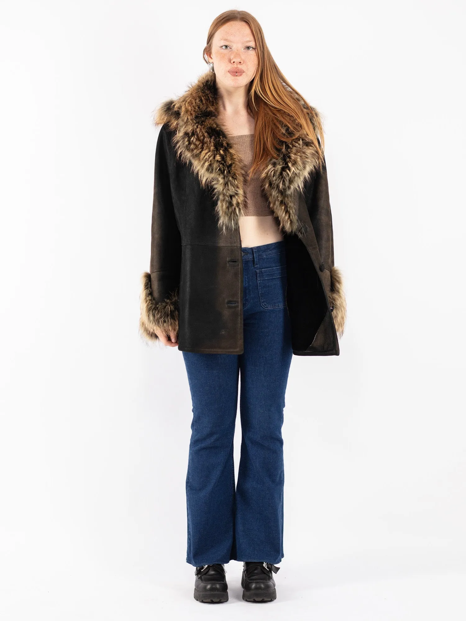 Vintage 90's Women Sheepskin Shearling Coat in Black