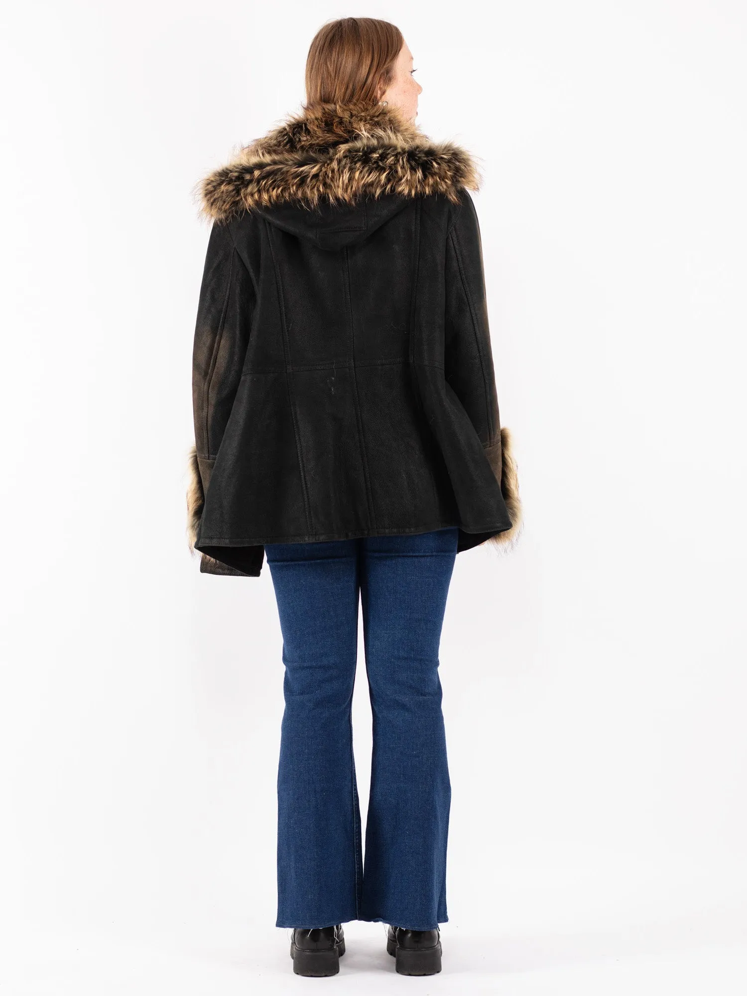 Vintage 90's Women Sheepskin Shearling Coat in Black