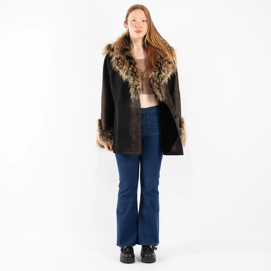 Vintage 90's Women Sheepskin Shearling Coat in Black