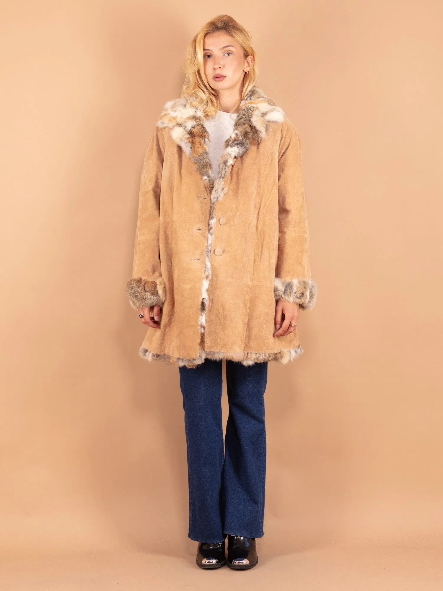 Vintage 90's Women Suede Fur Coat in Beige