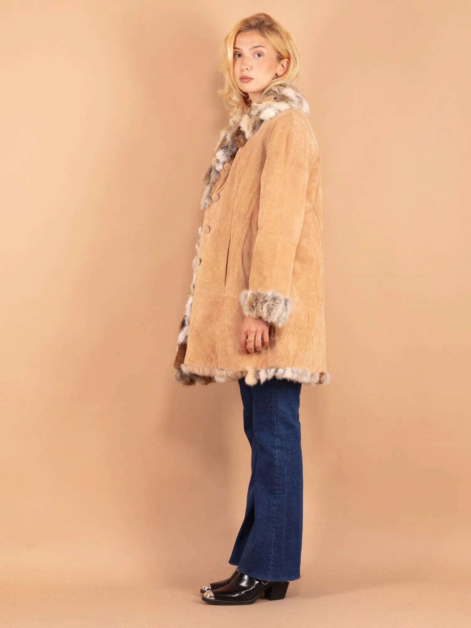 Vintage 90's Women Suede Fur Coat in Beige