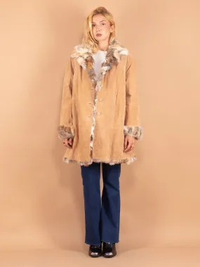 Vintage 90's Women Suede Fur Coat in Beige