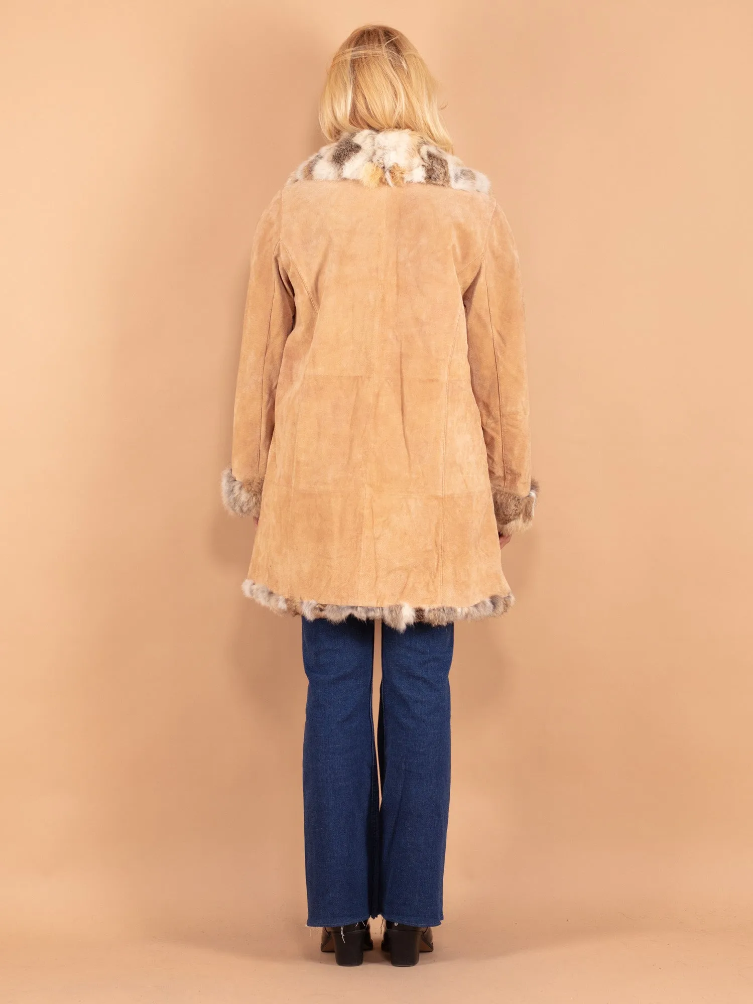 Vintage 90's Women Suede Fur Coat in Beige