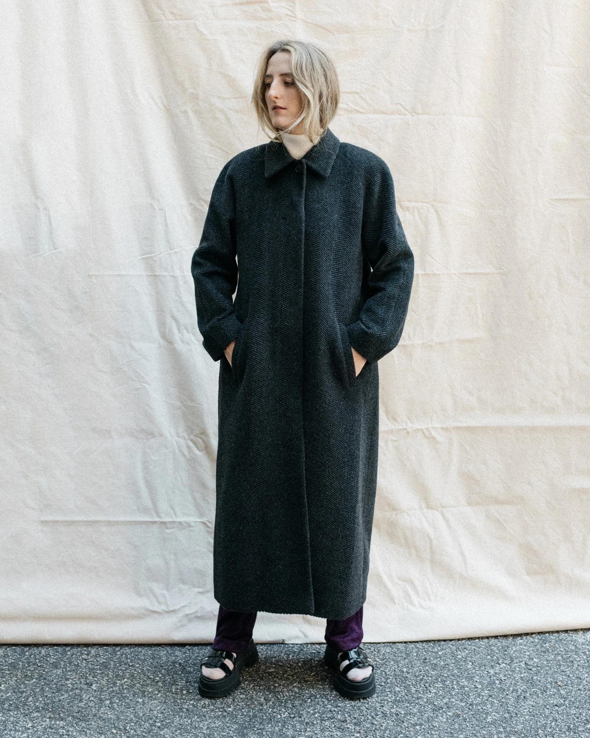 Vintage Grey Herringbone Wool Coat (S/M)