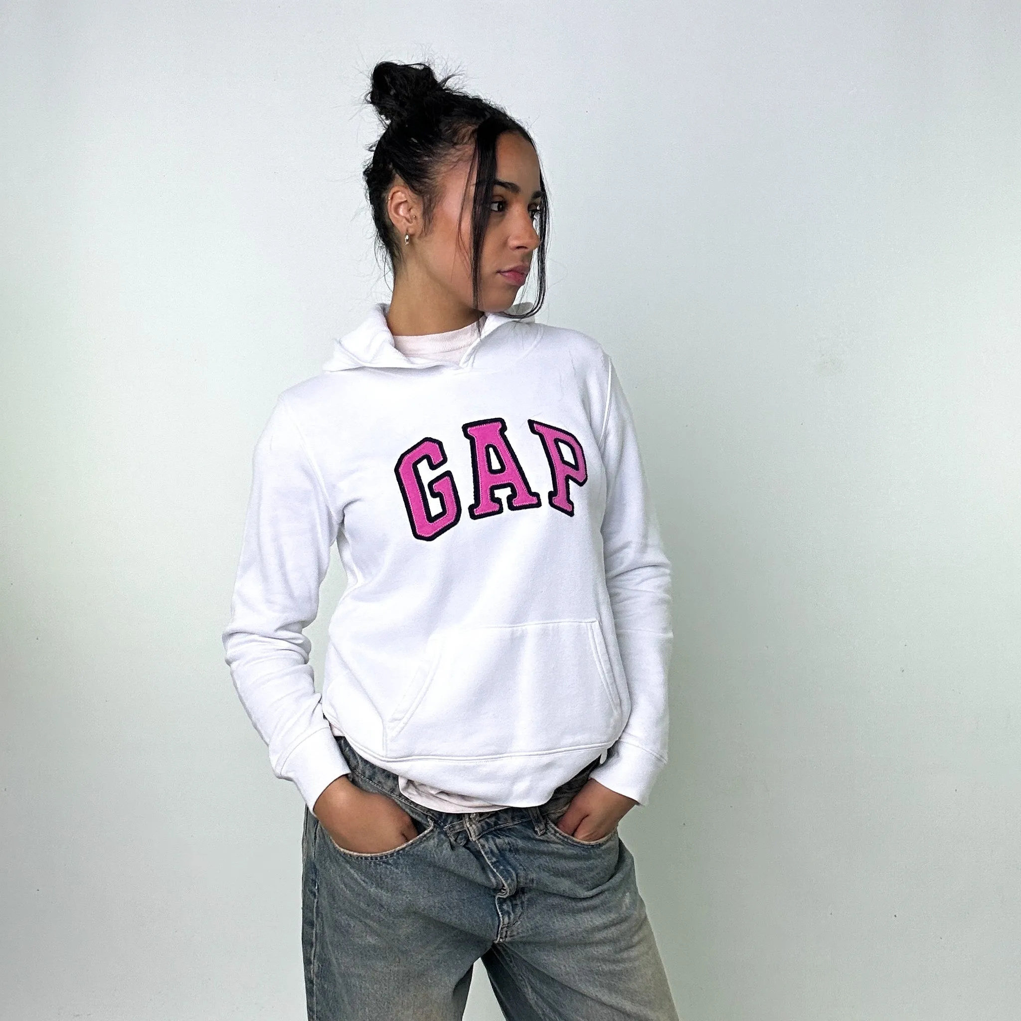 White 90s GAP Spellout Hoodie Sweatshirt (M)