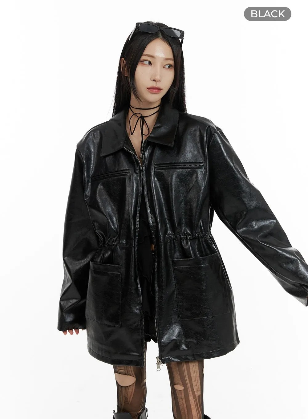 Zip-Up Faux Leather Midi Coat CF429