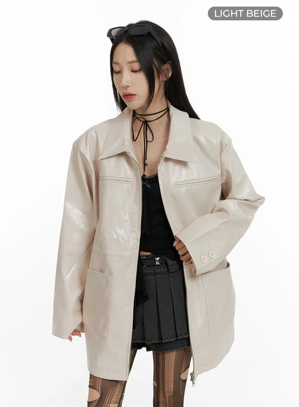 Zip-Up Faux Leather Midi Coat CF429